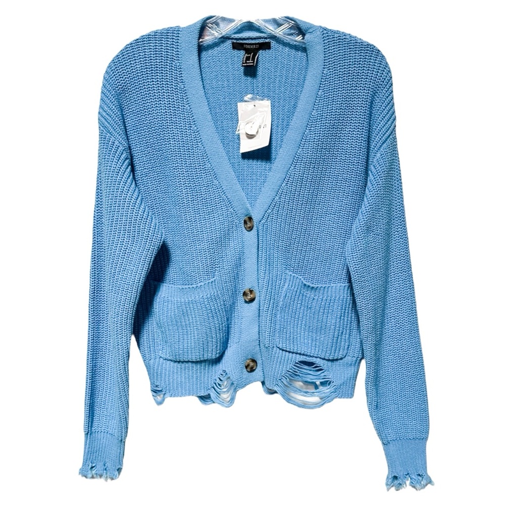 Forever 21 Distressed Cardigan Sweater Azure